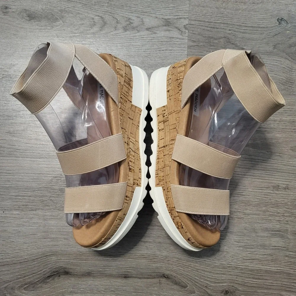 Steve Madden Bandi Tan Elastic Platform Cork Wedge Sandals Women's 6.5 Neutral